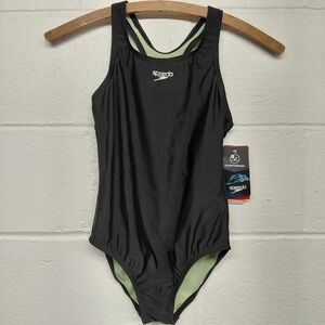 Speedo Girls Swimsuit One Piece Racerback Girls 10 NWT Black Chlorine Resistant
